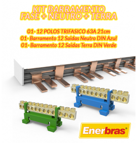 KIT Barramento Trifásico + Neutro 12 saídas + Terra 12 saídas - ENERBRAS